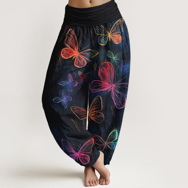 Buddha Stones Pantalon harem à taille élastique pour femme, en coton, motif papillon onirique - Noir - US16，UK/AU20，EU48 (3XL) - image 0