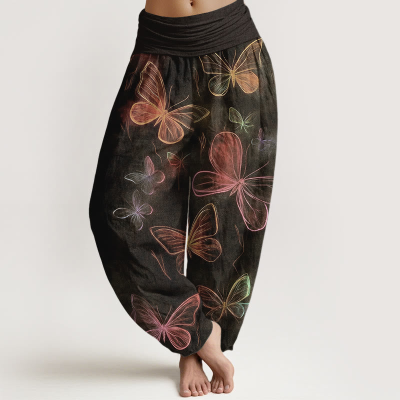 Buddha Stones Pantalon harem à taille élastique pour femme, en coton, motif papillon onirique - SaddleBrown - US16，UK/AU20，EU48 (3XL) - image 5