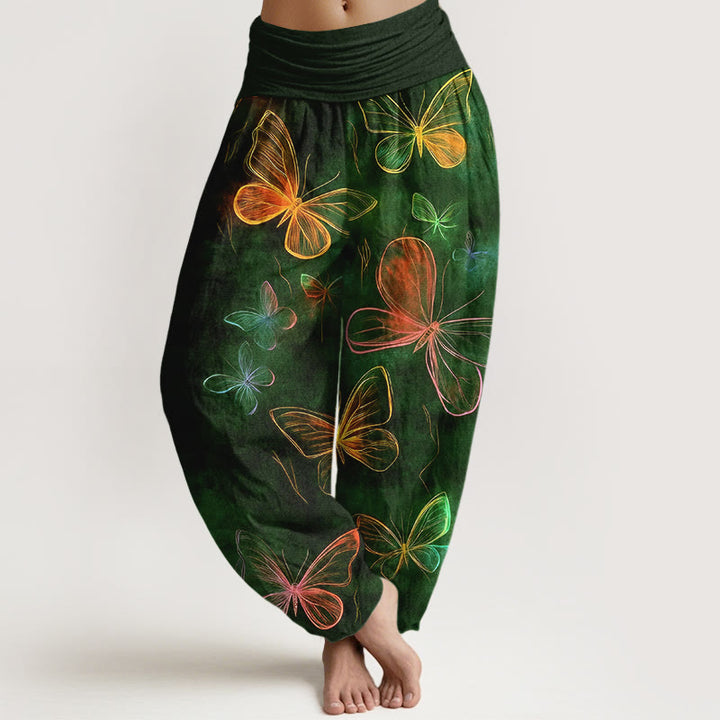 Buddha Stones Pantalon harem à taille élastique pour femme, en coton, motif papillon onirique - Vert foncé - US16，UK/AU20，EU48 (3XL) - image 8
