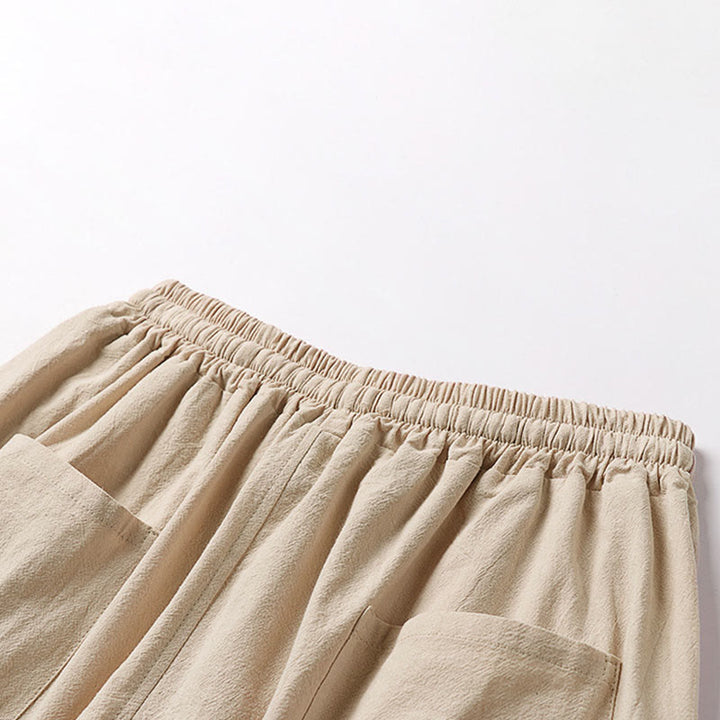Buddha Stones Pantalon Capri court pour homme, coupe ample, en coton et lin, avec cordon de serrage et poches - image 6