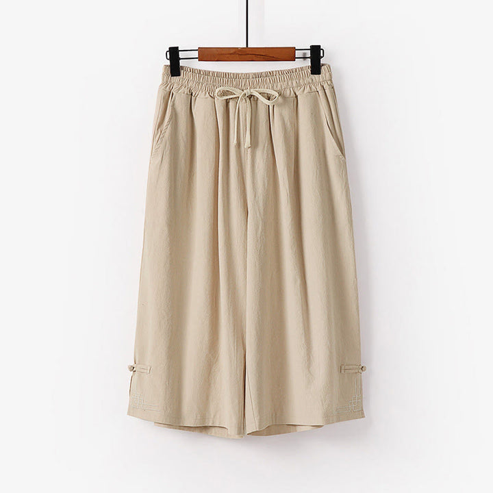 Buddha Stones Pantalon Capri court pour homme, coupe ample, en coton et lin, avec cordon de serrage et poches - Beige - US/UK/AU54，EU64 (9XL) - image 2