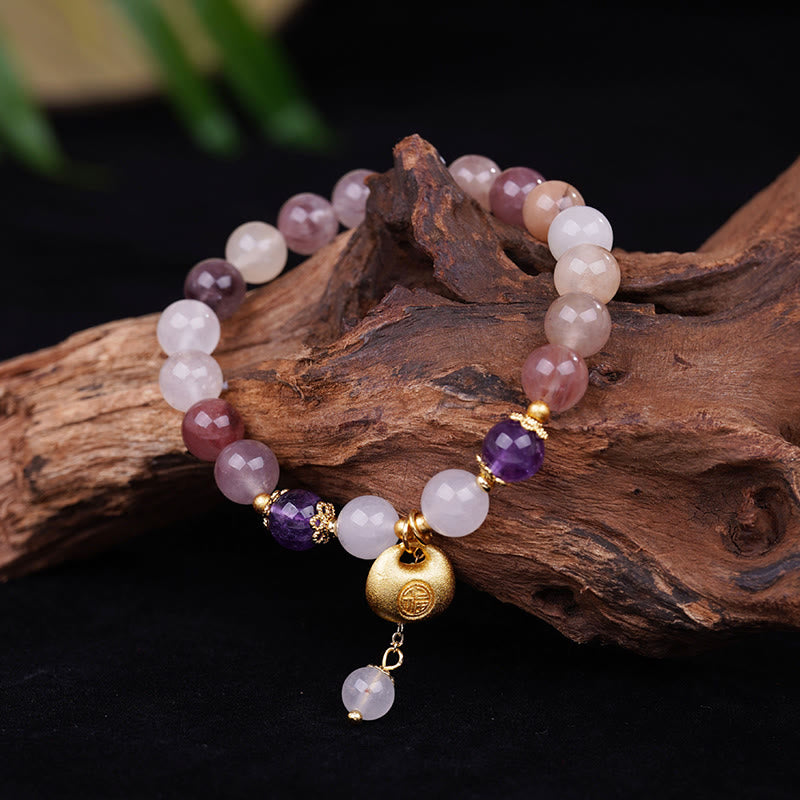 Buddha Stones Bracelet en jade et soie dorée Fu représentant un lapin, symbole de protection contre les mauvais esprits - Bracelet Fu en jade et soie dorée (Tour de poignet : 14-15 cm) - image 0