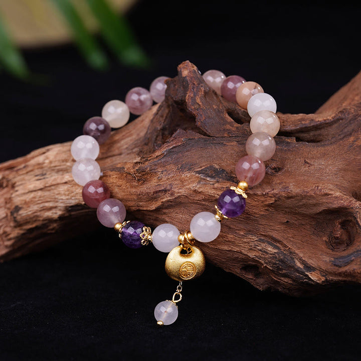 Buddha Stones Bracelet en jade et soie dorée Fu représentant un lapin, symbole de protection contre les mauvais esprits - Bracelet Fu en jade et soie dorée (Tour de poignet : 14-15 cm) - image 0