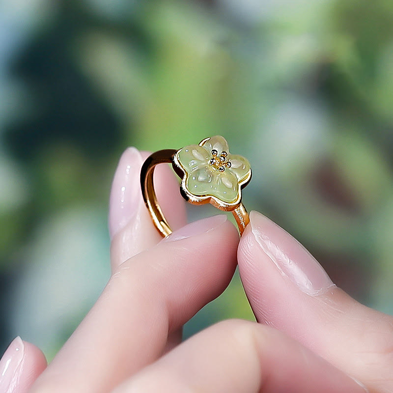 Buddha Stones Bague porte-bonheur en cuivre et jade de Hetian, motif fleurs de prunier - image 4