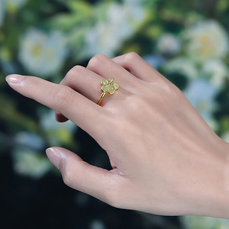 Buddha Stones Bague porte-bonheur en cuivre et jade de Hetian, motif fleurs de prunier - image 8