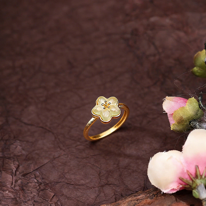 Buddha Stones Bague porte-bonheur en cuivre et jade de Hetian, motif fleurs de prunier - image 2