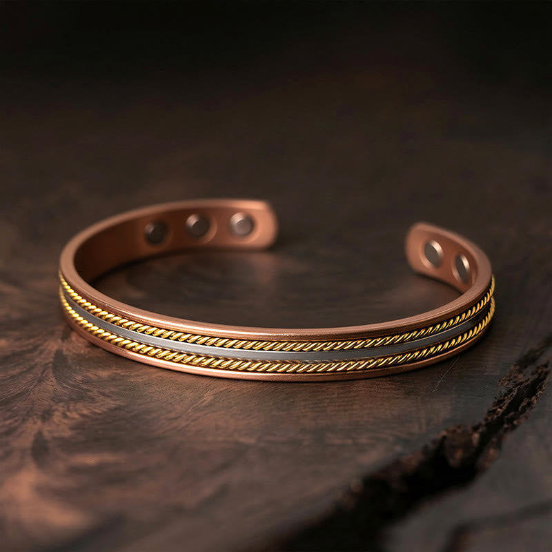 Buddha Stones Bracelet jonc/bague manchette ouverte en cuivre au design torsadé rétro, symbole de richesse et de chance. - Bracelet (Tour de poignet : 15-18 cm) - image 0