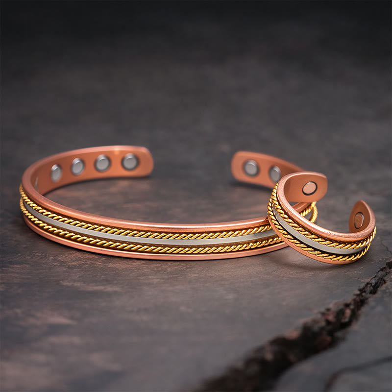 Buddha Stones Bracelet jonc/bague manchette ouverte en cuivre au design torsadé rétro, symbole de richesse et de chance. - Un bracelet et une bague - image 1