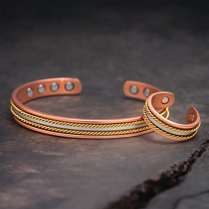 Buddha Stones Bracelet jonc/bague manchette ouverte en cuivre au design torsadé rétro, symbole de richesse et de chance. - Un bracelet et une bague - image 1