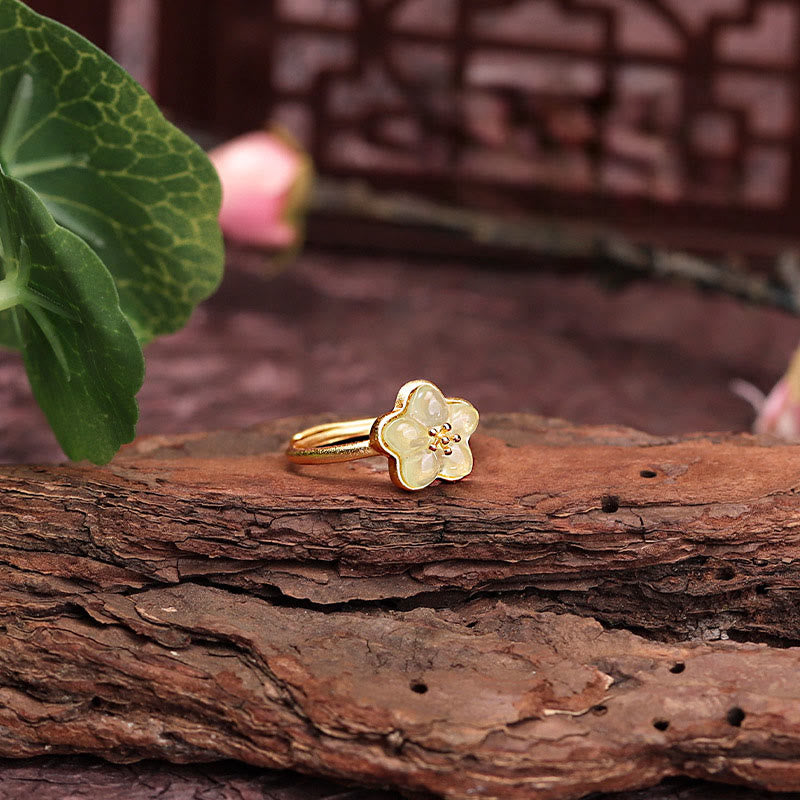 Buddha Stones Bague porte-bonheur en cuivre et jade de Hetian, motif fleurs de prunier - Cuivre de jade Hetian (réglable) - image 0