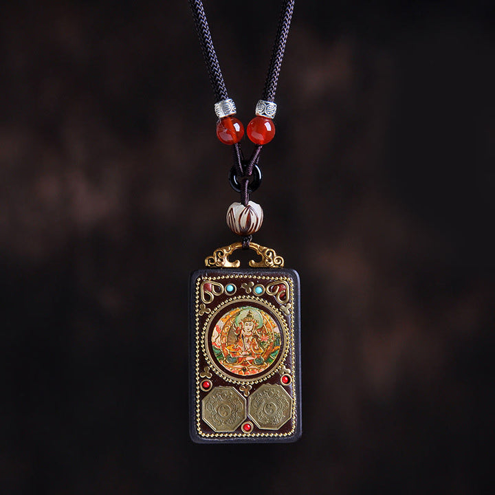 Buddha Stones Collier pendentif Zakiram Balance en pièces de cuivre Thangka Yin Yang et bois d'ébène - Bodhisattva Manjushri en bois d'ébène - image 4