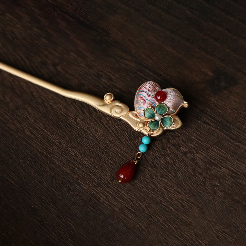 Buddha Stones Épingle à cheveux en cuivre, motif fleur de courge, agate rouge, calme - image 4