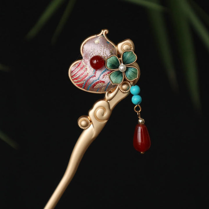 Buddha Stones Épingle à cheveux en cuivre, motif fleur de courge, agate rouge, calme - image 1