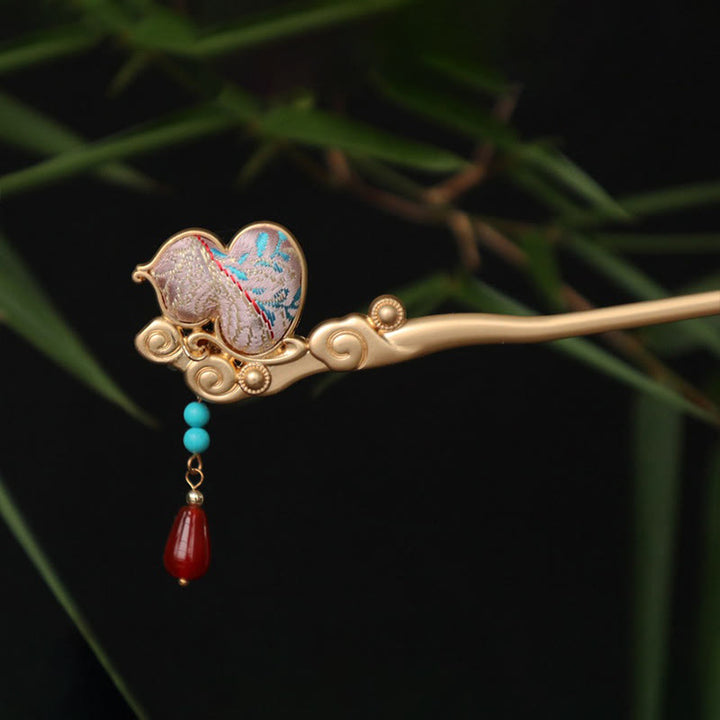 Buddha Stones Épingle à cheveux en cuivre, motif fleur de courge, agate rouge, calme - image 7