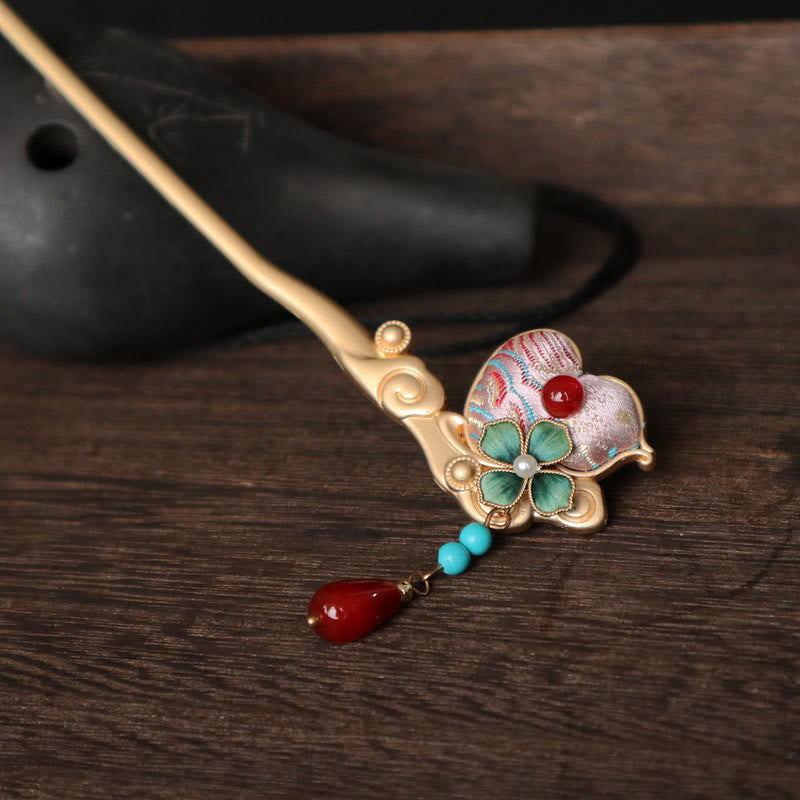 Buddha Stones Épingle à cheveux en cuivre, motif fleur de courge, agate rouge, calme - image 3