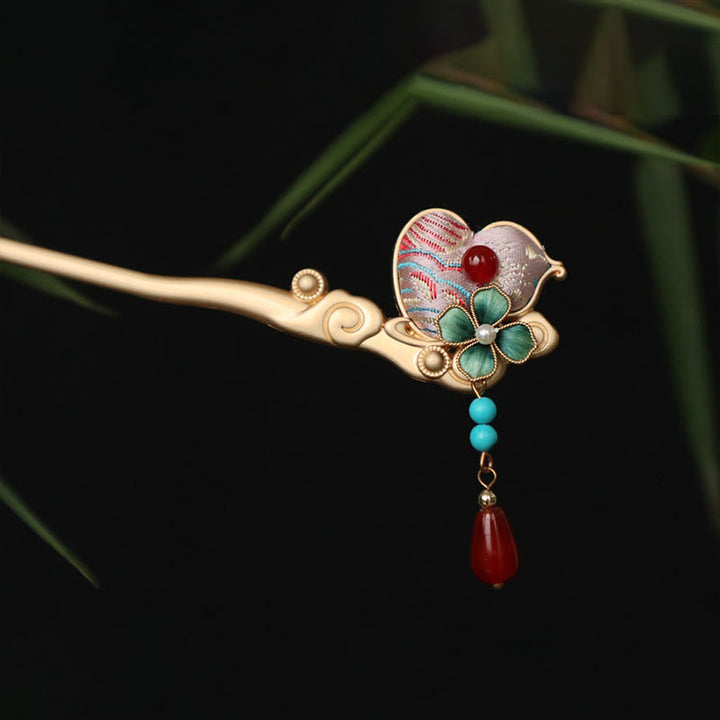 Buddha Stones Épingle à cheveux en cuivre, motif fleur de courge, agate rouge, calme - image 2