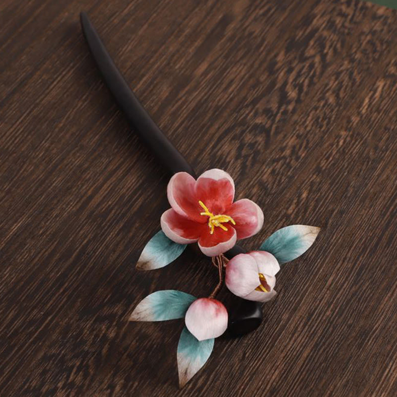 Buddha Stones Épingle à cheveux calme en bois d'ébène et velours, fleur - image 7