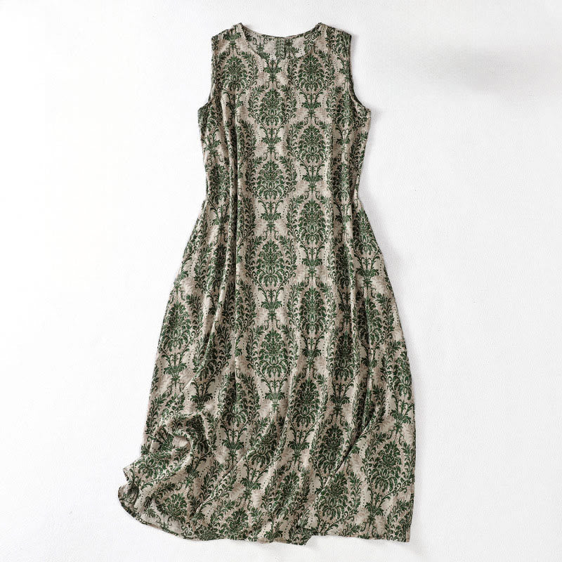 Buddha Stones Robe maxi d'été imprimée, design simple, col rond, sans manches - Vert foncé - US14，UK/AU18，EU46 (2XL) - image 1