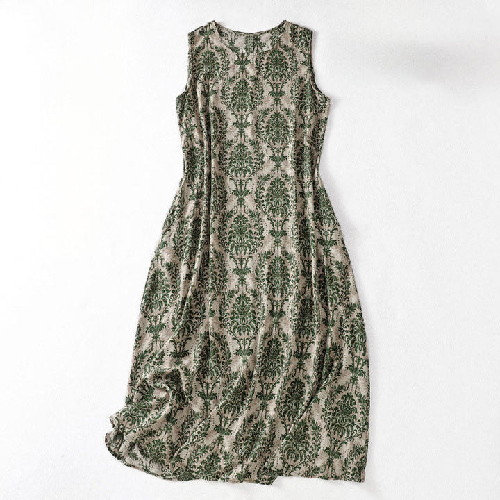 Buddha Stones Robe maxi d'été imprimée, design simple, col rond, sans manches - Vert foncé - US14，UK/AU18，EU46 (2XL) - image 1