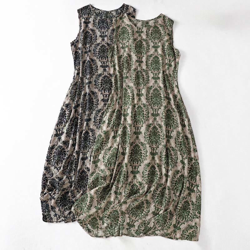 Buddha Stones Robe maxi d'été imprimée, design simple, col rond, sans manches - image 0