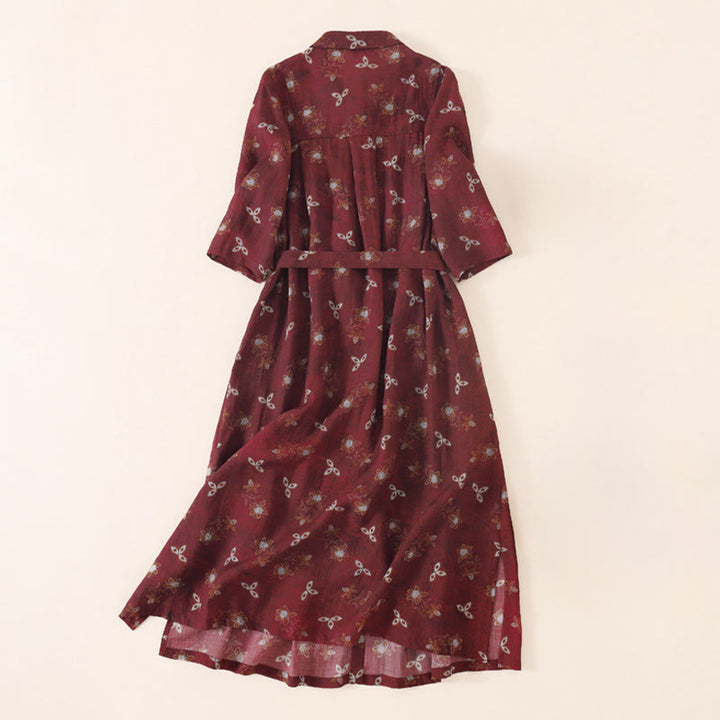 Buddha Stones Robe midi d'été à imprimé floral, boutons et lacets, manches courtes et poches - image 1