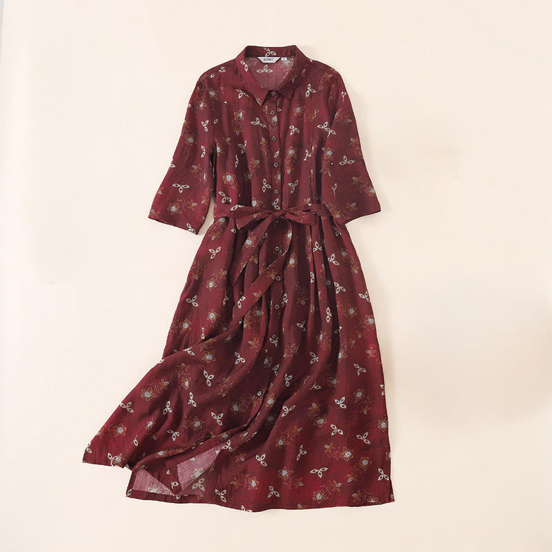 Buddha Stones Robe midi d'été à imprimé floral, boutons et lacets, manches courtes et poches - Rouge foncé - US12，UK/AU16，EU44 (3XL) - image 0