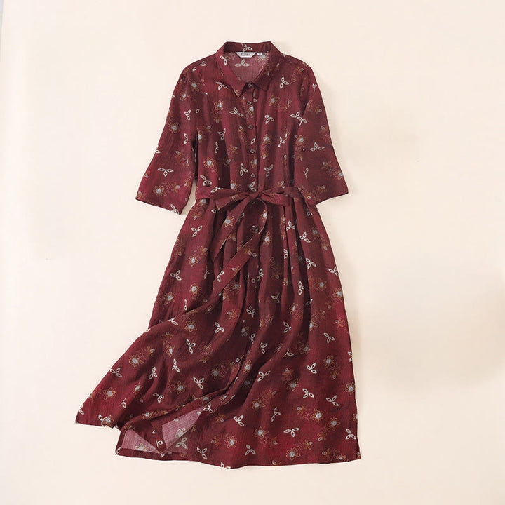 Buddha Stones Robe midi d'été à imprimé floral, boutons et lacets, manches courtes et poches - Rouge foncé - US12，UK/AU16，EU44 (3XL) - image 0