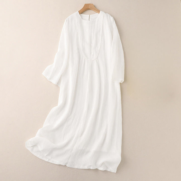 Buddha Stones Robe midi en coton à manches longues, col rond et broderie unie, double épaisseur, pour les déplacements. - Blanc - US8-10，UK/AU12-14，EU40-42 (2XL) - image 4