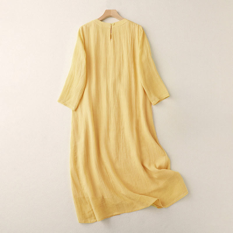 Buddha Stones Robe midi en coton à manches longues, col rond et broderie unie, double épaisseur, pour les déplacements. - image 1