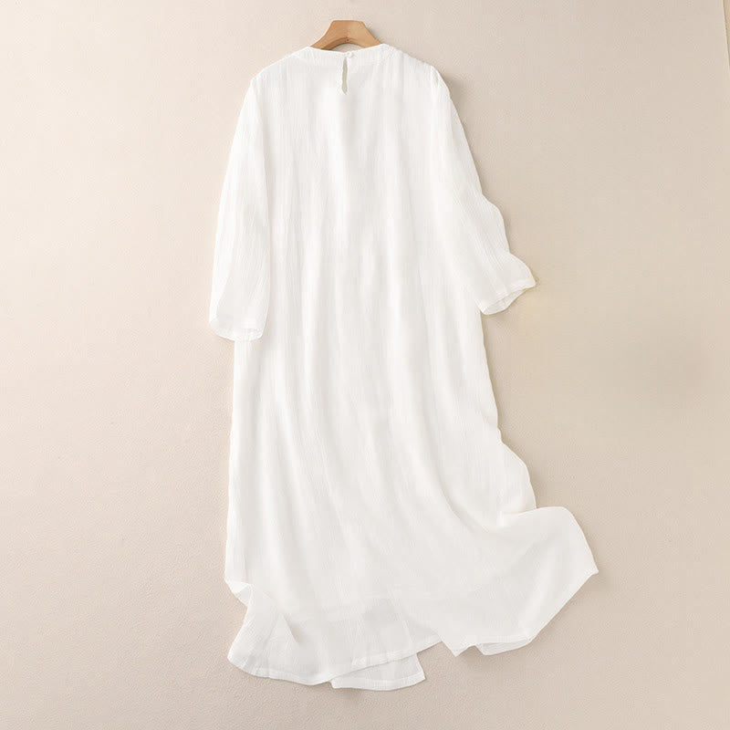 Buddha Stones Robe midi en coton à manches longues, col rond et broderie unie, double épaisseur, pour les déplacements. - image 5