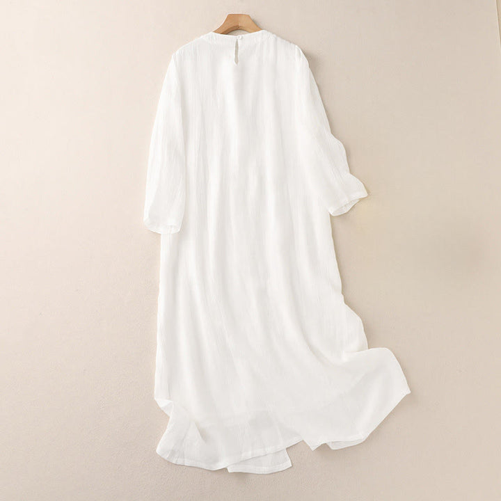 Buddha Stones Robe midi en coton à manches longues, col rond et broderie unie, double épaisseur, pour les déplacements. - image 5