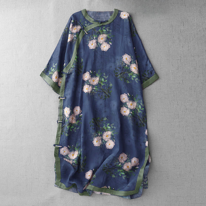 Robe midi à manches courtes et fente latérale, ornée de Buddha Stones, de boutons grenouilles, d'orchidées et de fleurs de grenade. - Bleu foncé - US12，UK/AU16，EU44 (2XL) - image 12