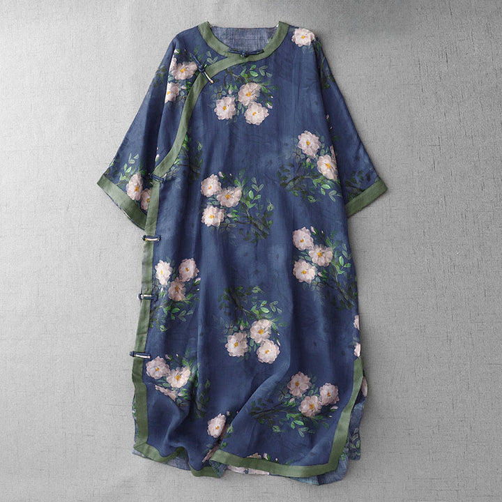 Robe midi à manches courtes et fente latérale, ornée de Buddha Stones, de boutons grenouilles, d'orchidées et de fleurs de grenade. - Bleu foncé - US12，UK/AU16，EU44 (2XL) - image 12