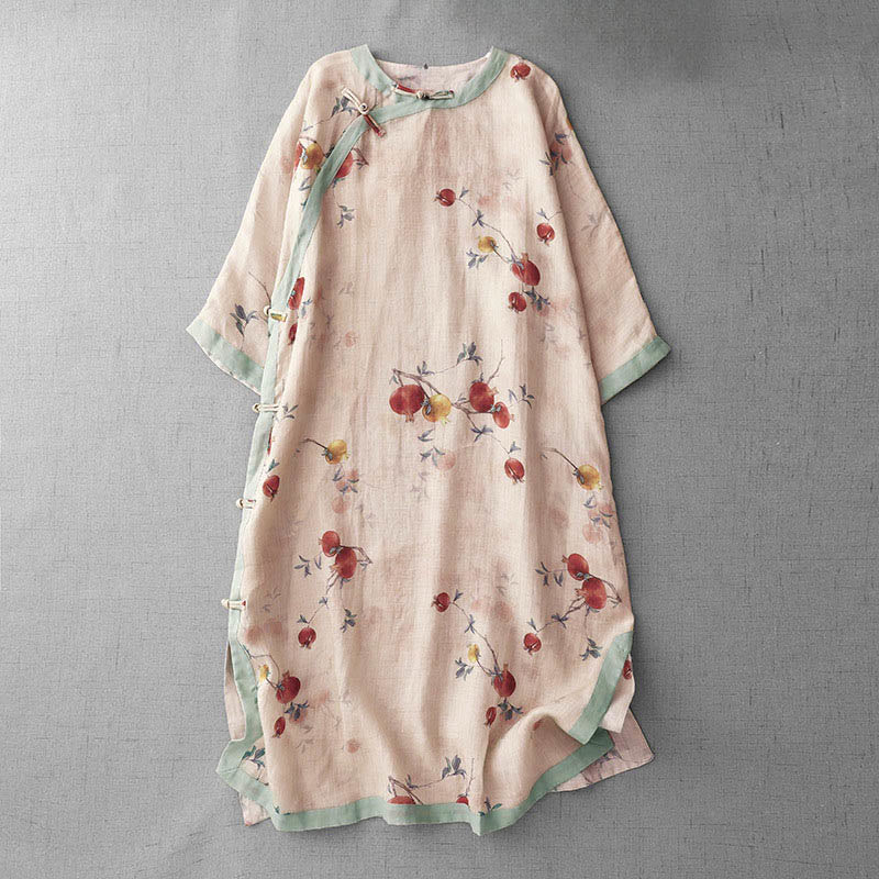 Robe midi à manches courtes et fente latérale, ornée de Buddha Stones, de boutons grenouilles, d'orchidées et de fleurs de grenade. - PeachPuff - US12，UK/AU16，EU44 (2XL) - image 1