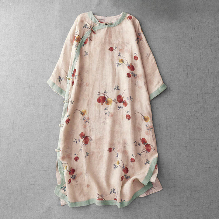 Robe midi à manches courtes et fente latérale, ornée de Buddha Stones, de boutons grenouilles, d'orchidées et de fleurs de grenade. - PeachPuff - US12，UK/AU16，EU44 (2XL) - image 1