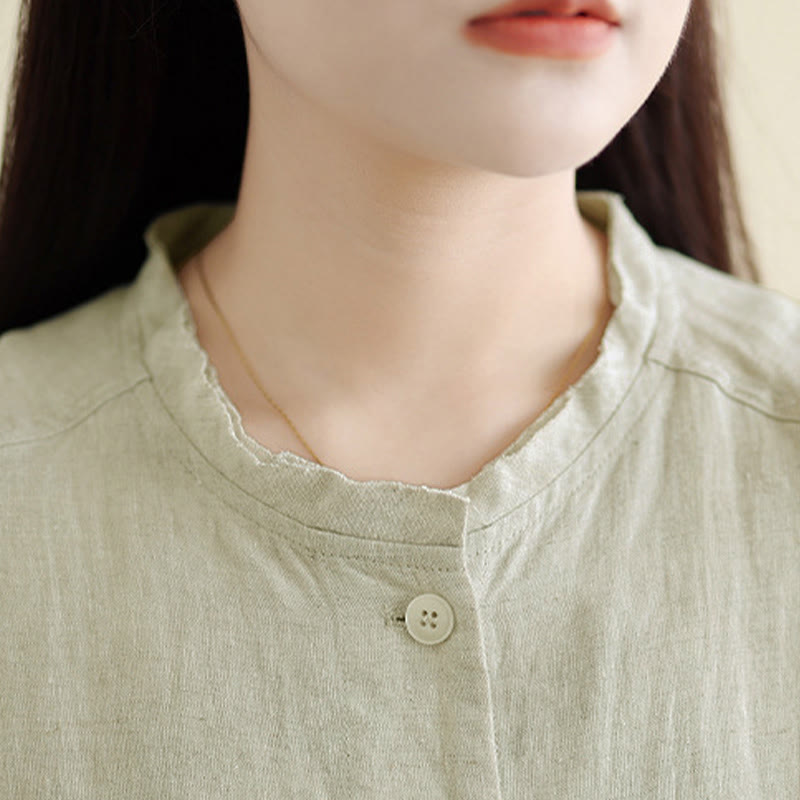 Buddha Stones Chemise à manches longues et col rond pour femme, unie, en coton, avec boutons et poches. - image 13