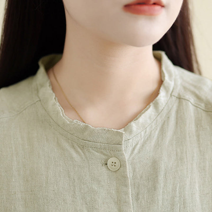 Buddha Stones Chemise à manches longues et col rond pour femme, unie, en coton, avec boutons et poches. - image 13