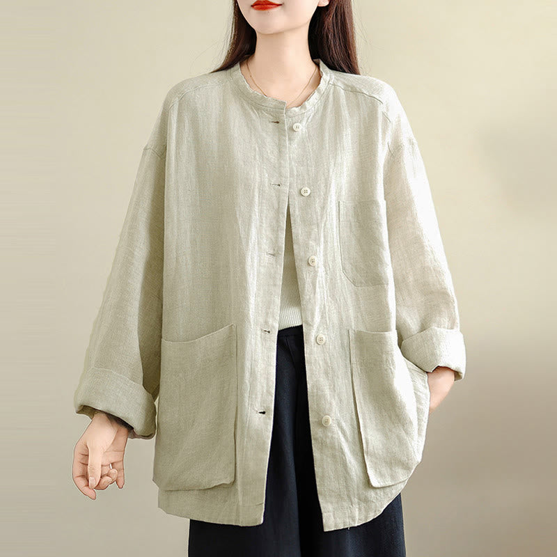 Buddha Stones Chemise à manches longues et col rond pour femme, unie, en coton, avec boutons et poches. - image 10
