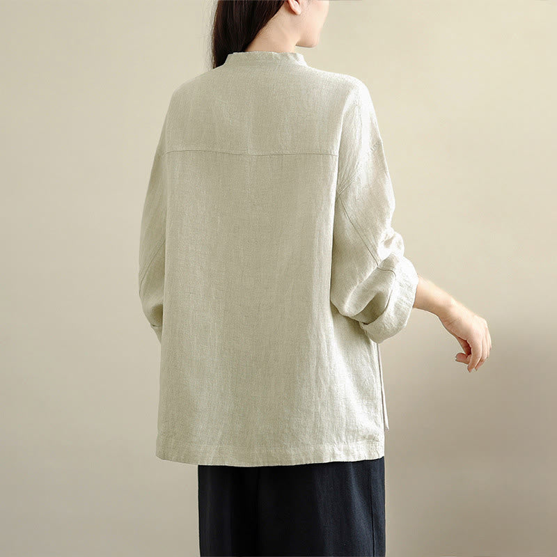 Buddha Stones Chemise à manches longues et col rond pour femme, unie, en coton, avec boutons et poches. - image 12