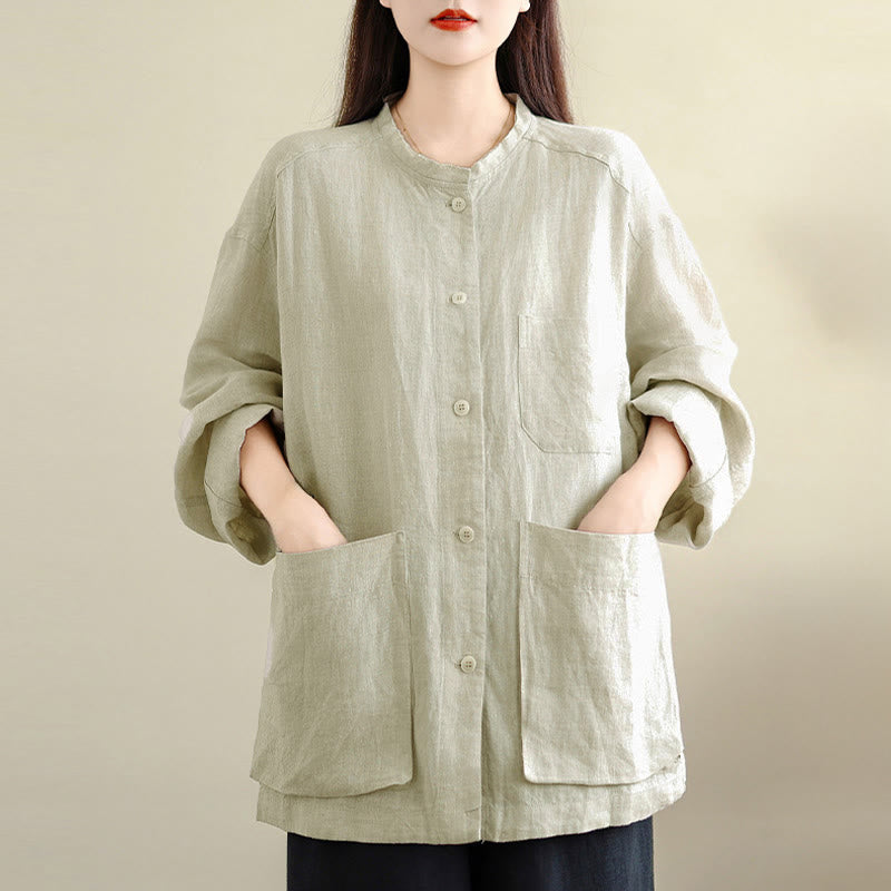 Buddha Stones Chemise à manches longues et col rond pour femme, unie, en coton, avec boutons et poches. - image 11