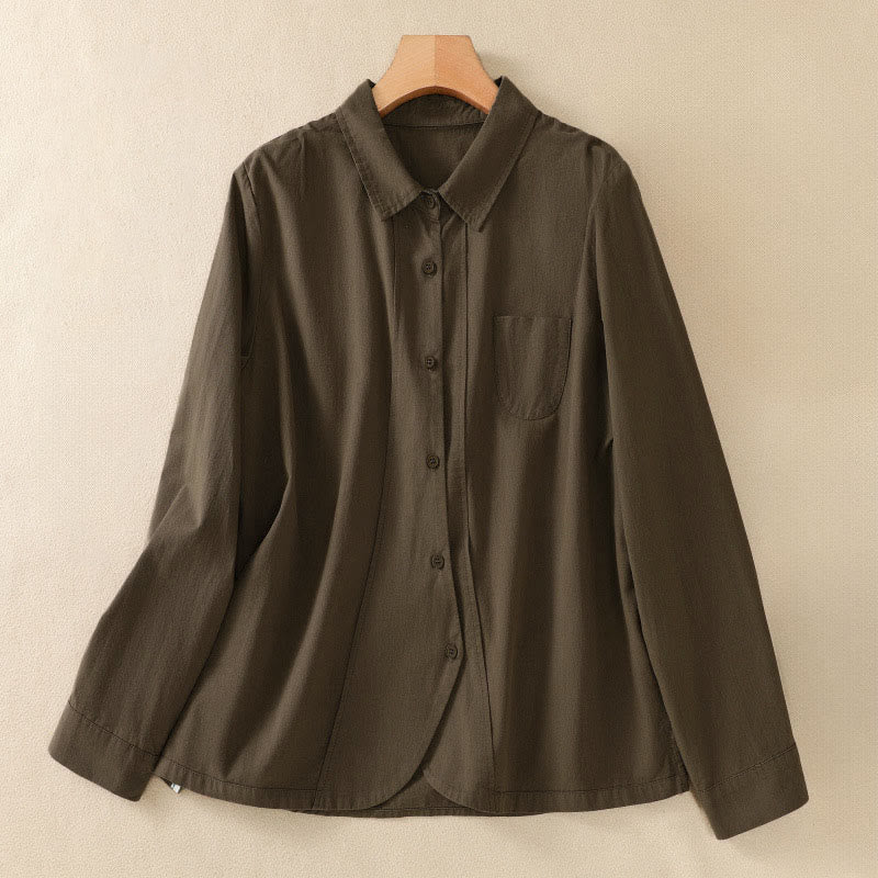 Buddha Stones Chemise à manches longues, col à revers, unie, en coton, avec poches - Vert olive foncé - US8-10，UK/AU12-14，EU40-42 (2XL) - image 0