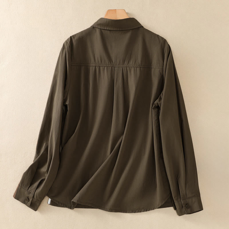 Buddha Stones Chemise à manches longues, col à revers, unie, en coton, avec poches - image 1