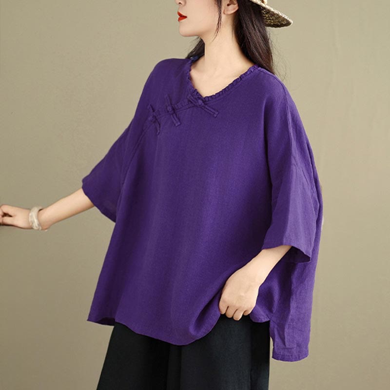 Buddha Stones Chemise unie en coton pour femme, col en V, manches longues et boutons brandebourg - image 15
