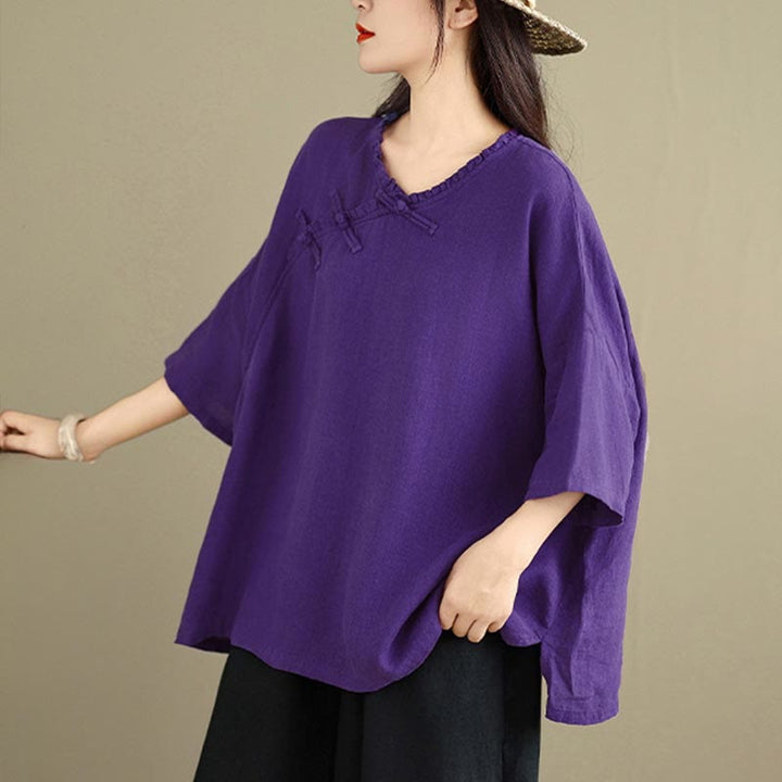 Buddha Stones Chemise unie en coton pour femme, col en V, manches longues et boutons brandebourg - image 15