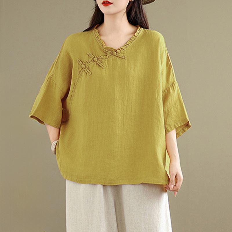 Buddha Stones Chemise unie en coton pour femme, col en V, manches longues et boutons brandebourg - verge d'or - US8-10，UK/AU12-14，EU40-42 (2XL) - image 6