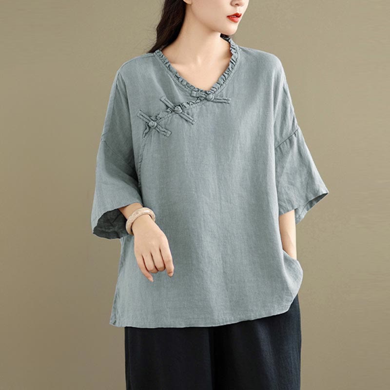 Buddha Stones Chemise unie en coton pour femme, col en V, manches longues et boutons brandebourg - image 1