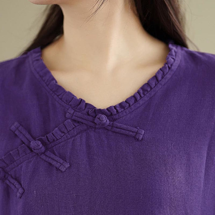 Buddha Stones Chemise unie en coton pour femme, col en V, manches longues et boutons brandebourg - image 18