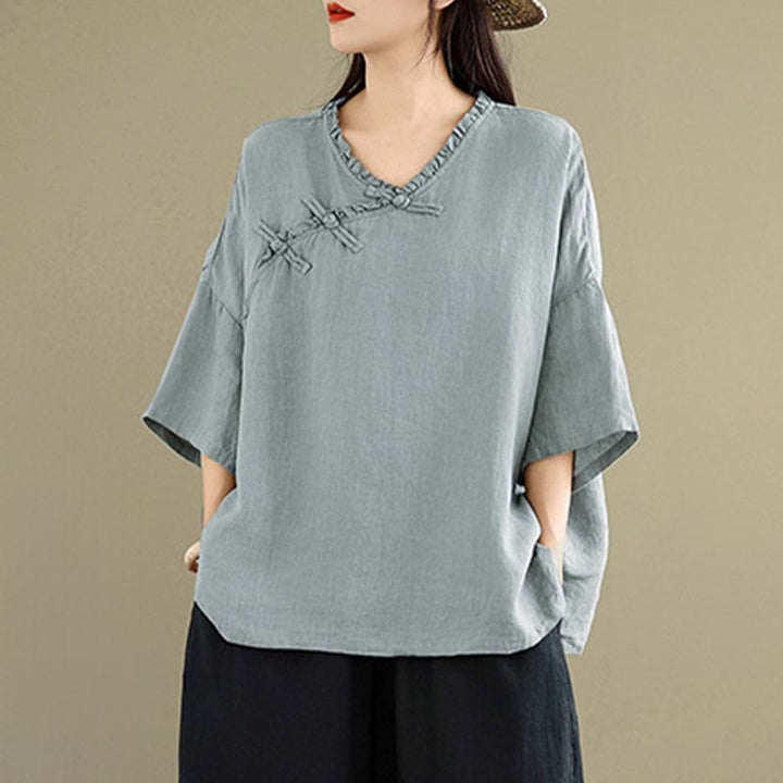 Buddha Stones Chemise unie en coton pour femme, col en V, manches longues et boutons brandebourg - image 4