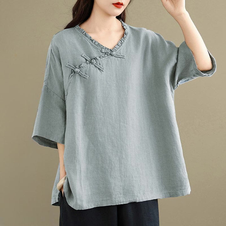 Buddha Stones Chemise unie en coton pour femme, col en V, manches longues et boutons brandebourg - image 3