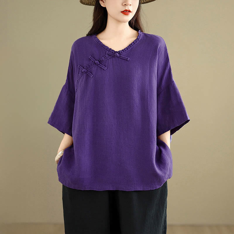 Buddha Stones Chemise unie en coton pour femme, col en V, manches longues et boutons brandebourg - image 13